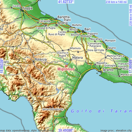 Topographic map of Miglionico
