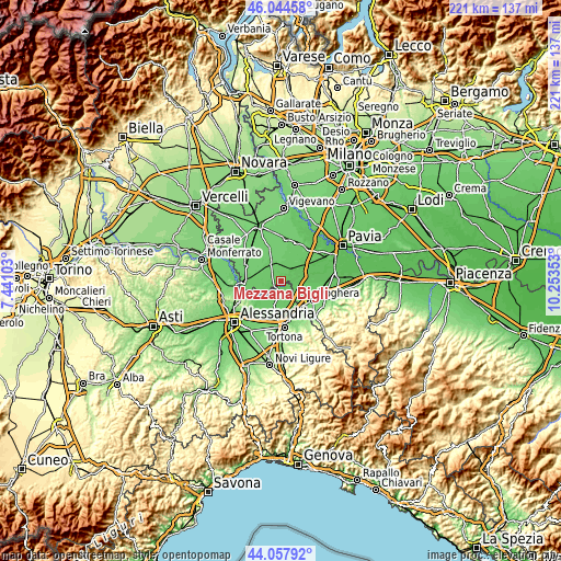 Topographic map of Mezzana Bigli