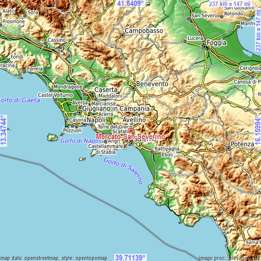 Topographic map of Mercato San Severino