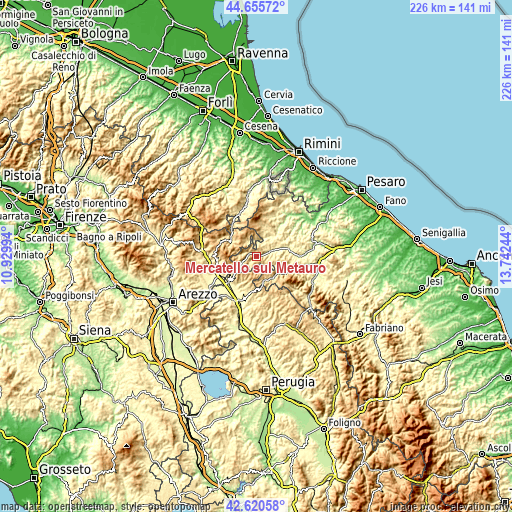 Topographic map of Mercatello sul Metauro