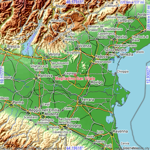 Topographic map of Megliadino San Vitale