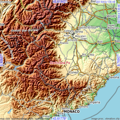 Topographic map of Martiniana Po