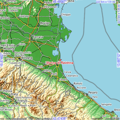 Topographic map of Marina di Ravenna