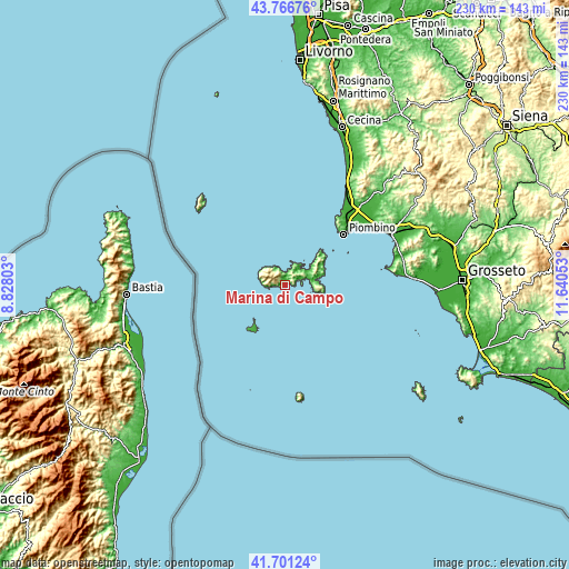 Topographic map of Marina di Campo