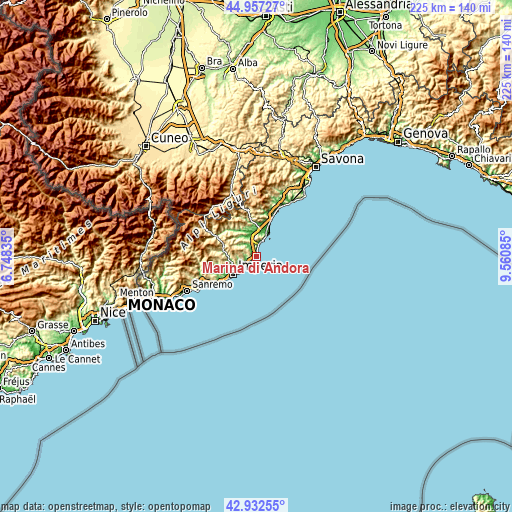 Topographic map of Marina di Andora