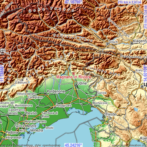 Topographic map of Magnano in Riviera