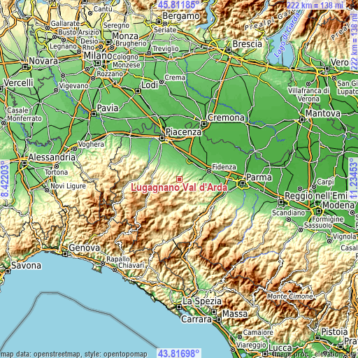 Topographic map of Lugagnano Val d'Arda