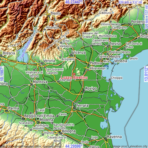 Topographic map of Lozzo Atestino