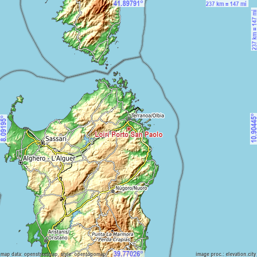 Topographic map of Loiri Porto San Paolo