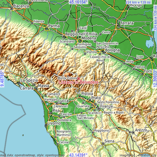 Topographic map of Lizzano in Belvedere