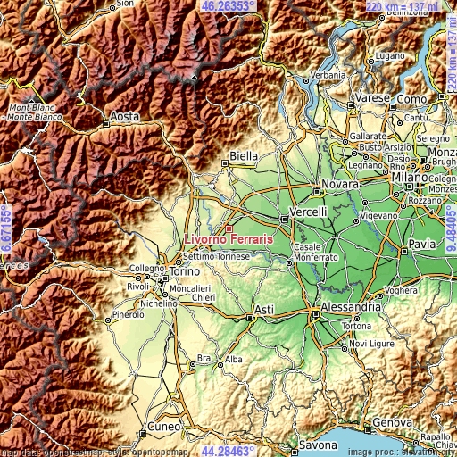 Topographic map of Livorno Ferraris