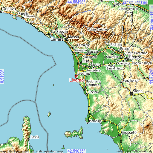 Topographic map of Livorno