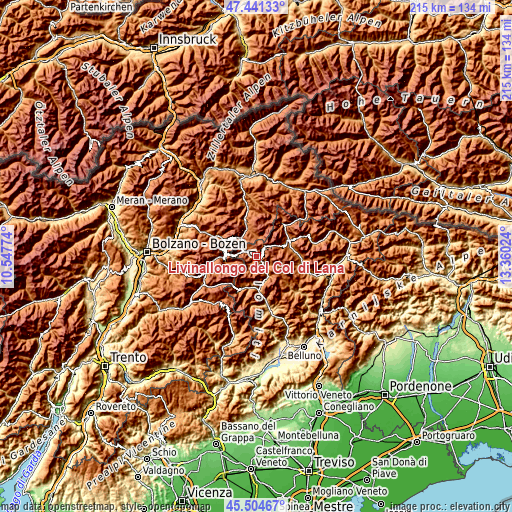 Topographic map of Livinallongo del Col di Lana