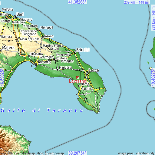 Topographic map of Leverano