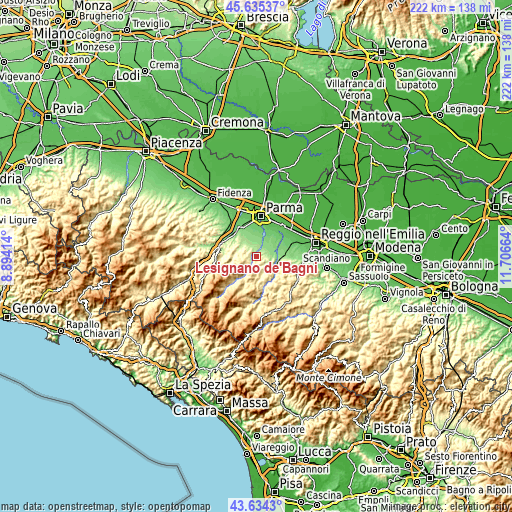 Topographic map of Lesignano de'Bagni