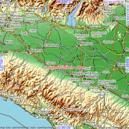 Topographic map of Lentigione-Sorbolo a Mane