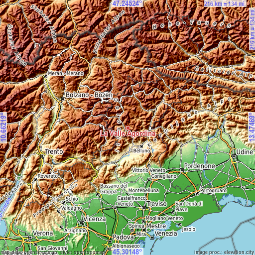 Topographic map of La Valle Agordina