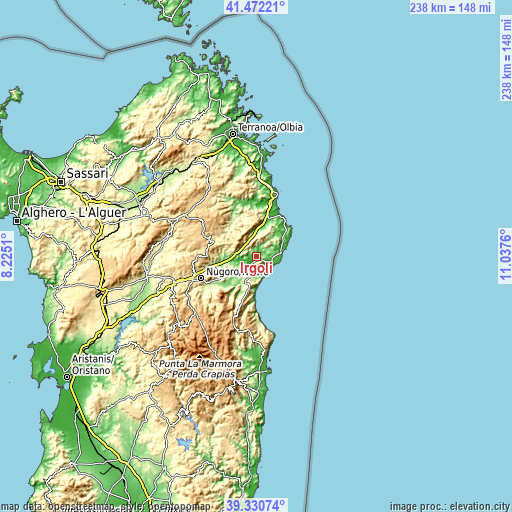 Topographic map of Irgoli