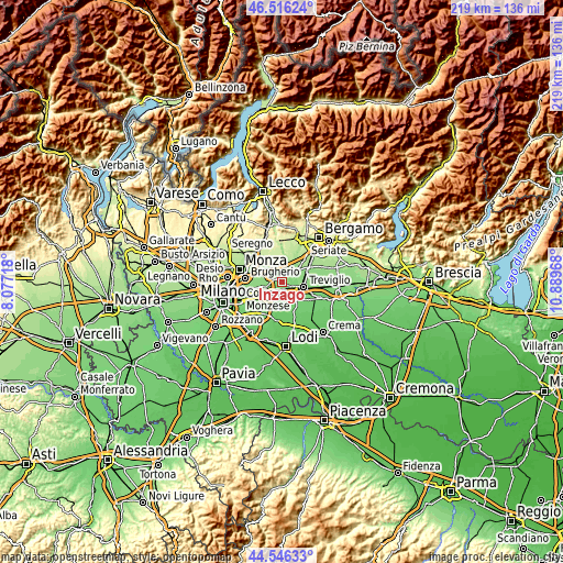 Topographic map of Inzago