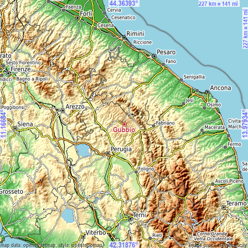 Topographic map of Gubbio