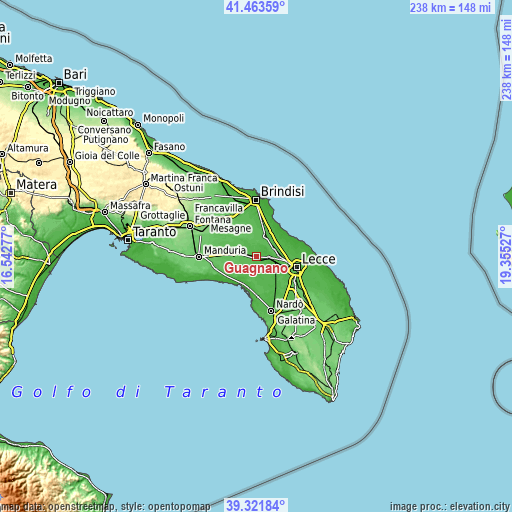 Topographic map of Guagnano