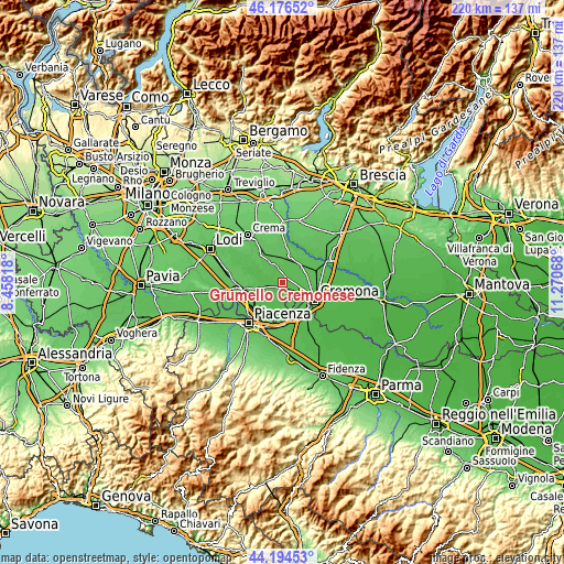 Topographic map of Grumello Cremonese
