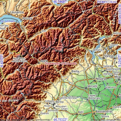 Topographic map of Gressoney-Saint-Jean