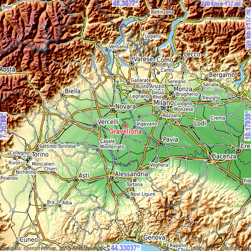 Topographic map of Gravellona