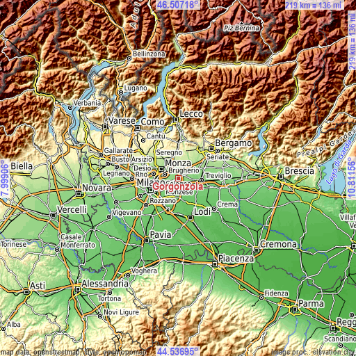 Topographic map of Gorgonzola