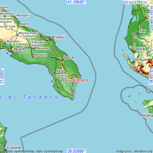 Topographic map of Giurdignano