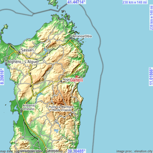 Topographic map of Galtellì