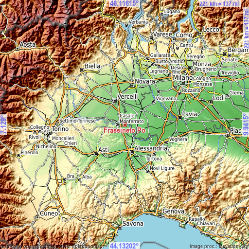 Topographic map of Frassineto Po