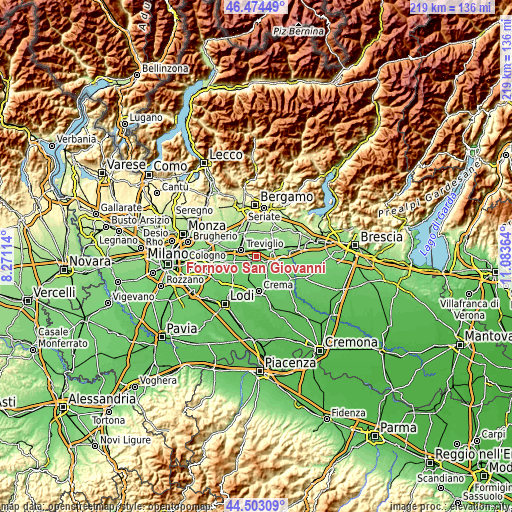 Topographic map of Fornovo San Giovanni