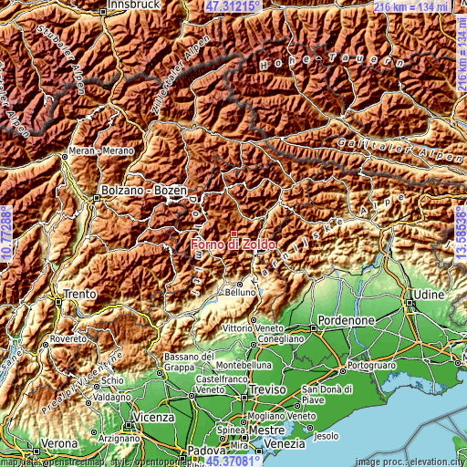 Topographic map of Forno di Zoldo