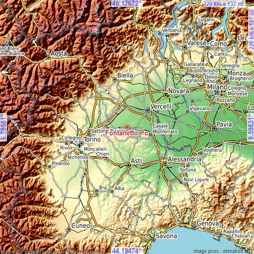 Topographic map of Fontanetto Po