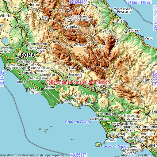 Topographic map of Collefontana-Fontana Liri Inferiore