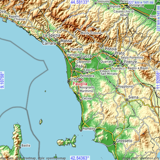 Topographic map of Fauglia