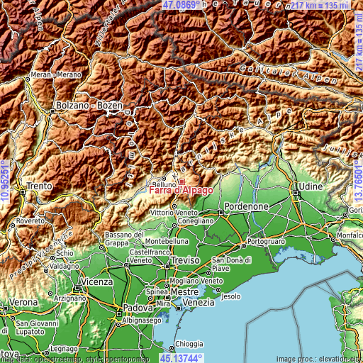 Topographic map of Farra d'Alpago