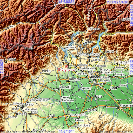 Topographic map of Divignano