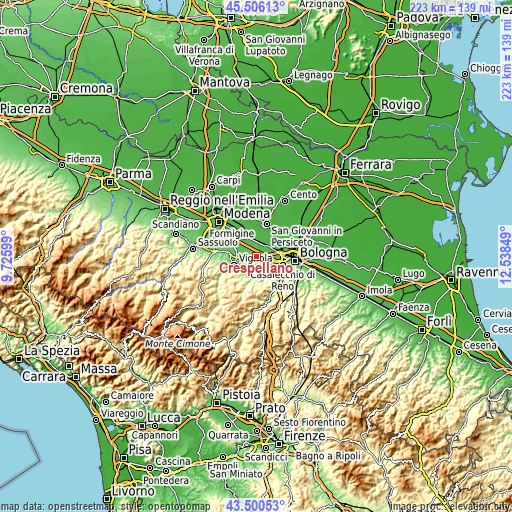Topographic map of Crespellano