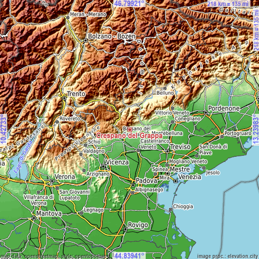 Topographic map of Crespano del Grappa