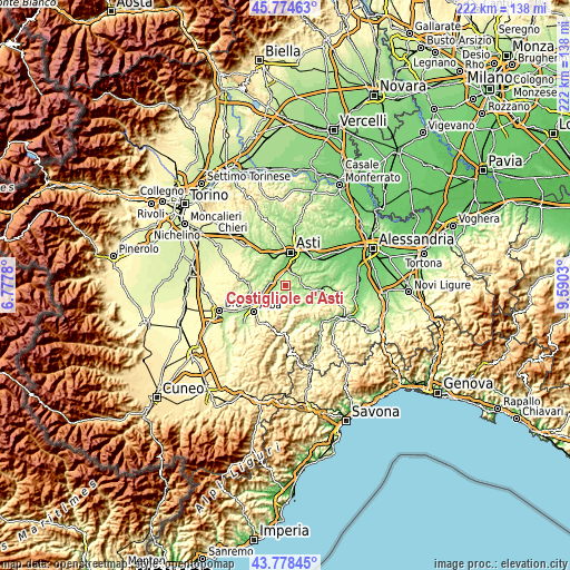 Topographic map of Costigliole d'Asti