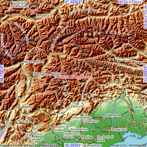 Topographic map of Cortina d'Ampezzo