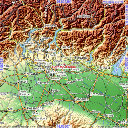 Topographic map of Cornate d'Adda