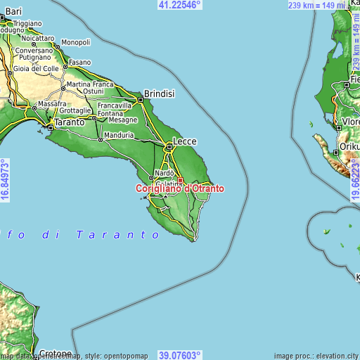 Topographic map of Corigliano d'Otranto