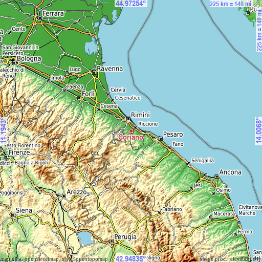 Topographic map of Coriano