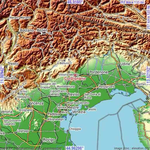 Topographic map of Cordignano