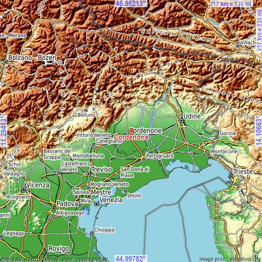Topographic map of Cordenons