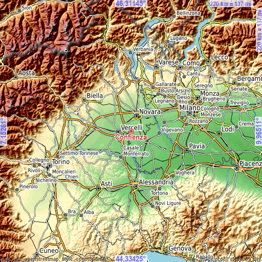 Topographic map of Confienza