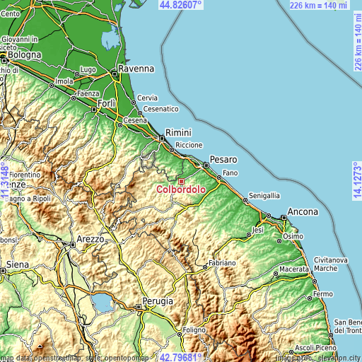 Topographic map of Colbordolo